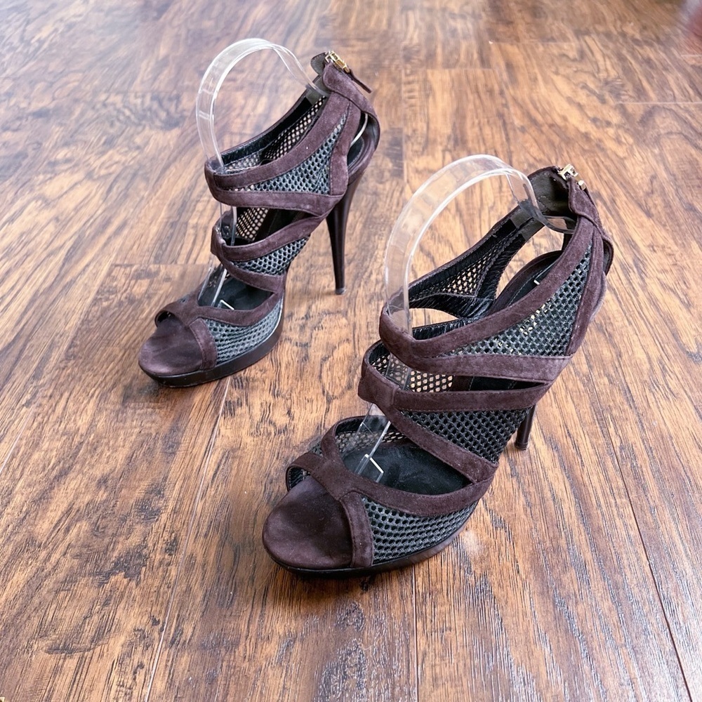 FENDI • Boudoir Sandals suede & mesh cage platform chocolate brown leather
